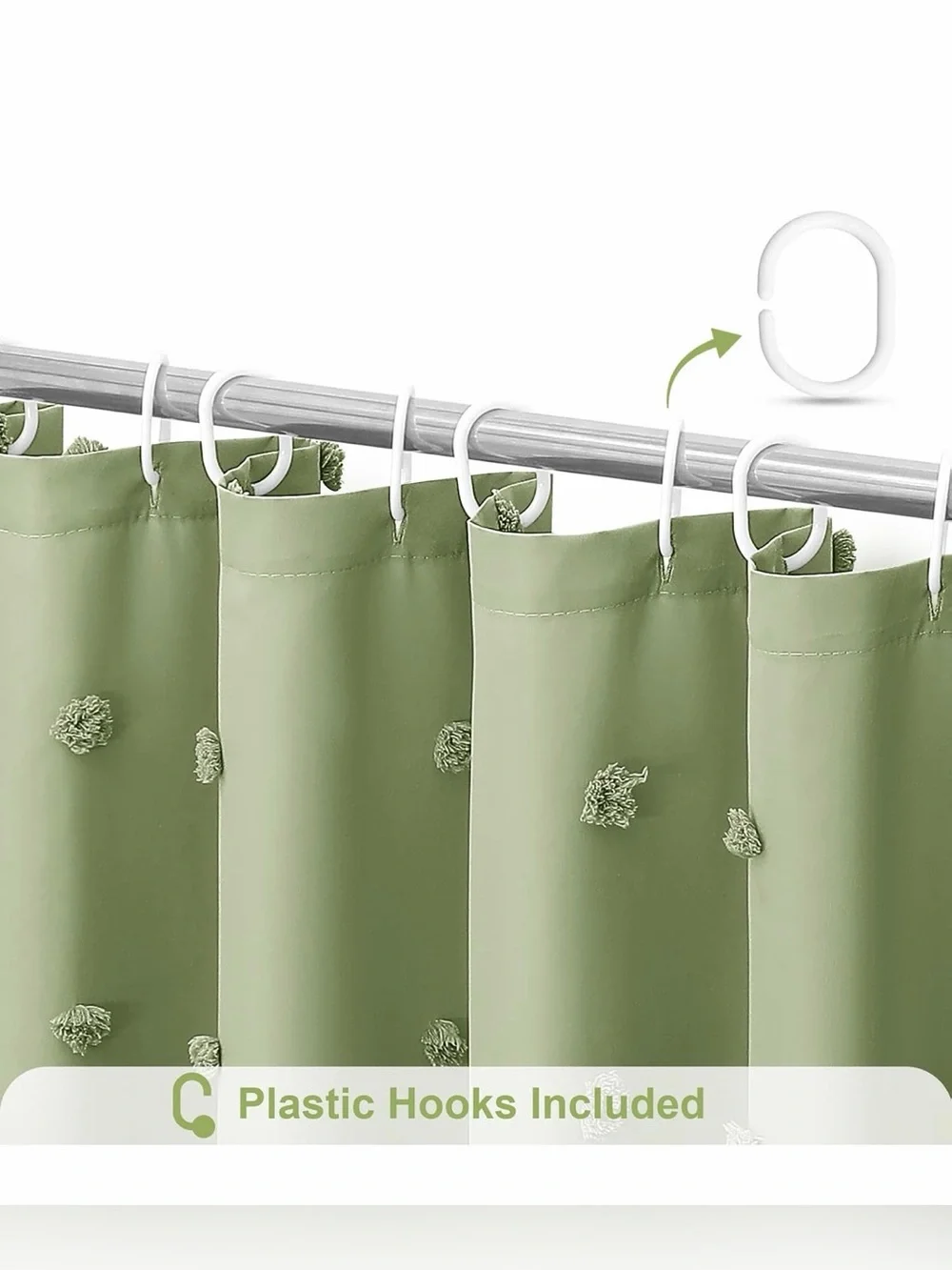 Washable cloth shower curtain. Sage Boho style with tassels. Bathroom home decor
